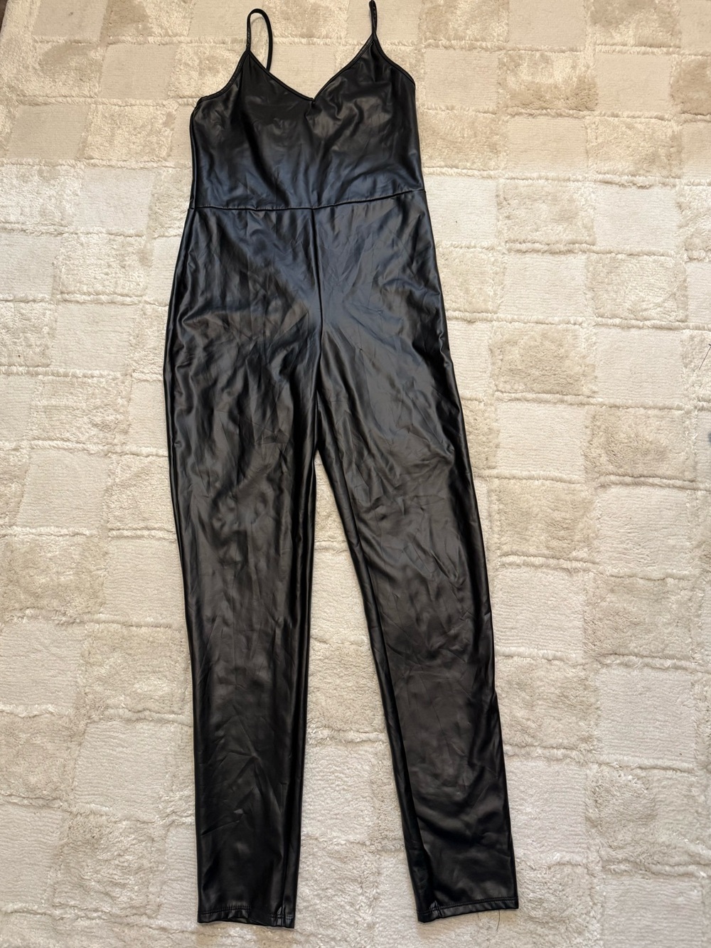 Fashion Nova Black Faux Leather Spaghetti-Strap Jumpsuit zipper back size Large